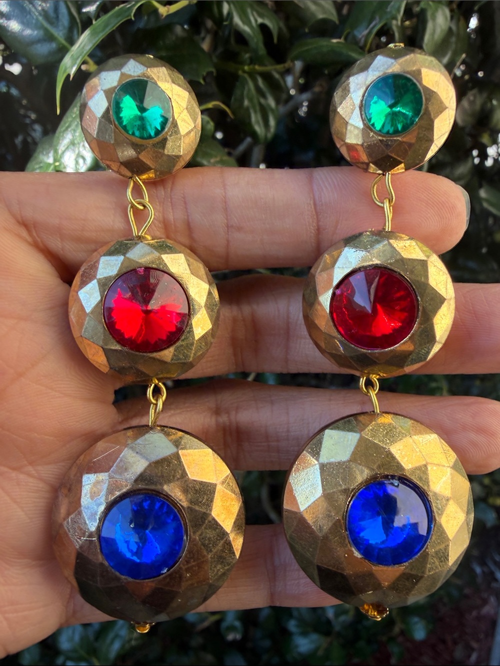 Vintage Gold-Tone Multi-Color Drop Earrings with Blue, Red & Green Stones
